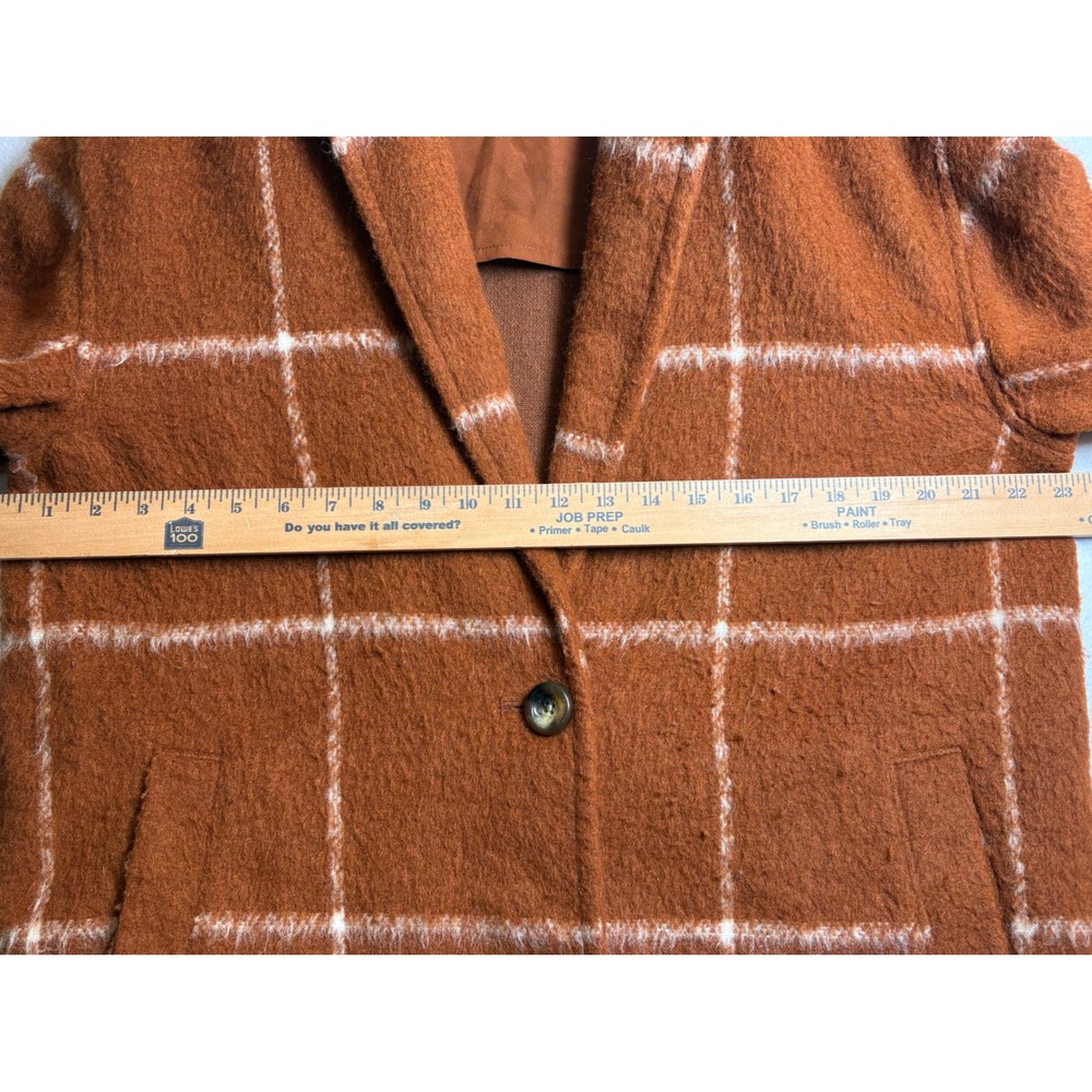 Old Navy Womens Long Windowpane Plaid Coat Rust Orange Boucle Overcoat Large - Picture 5 of 8